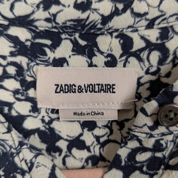Zadig & Voltaire | Navy Cream Floral Rima Crepe Midi Shirt Dress Size Small - Picture 4 of 16